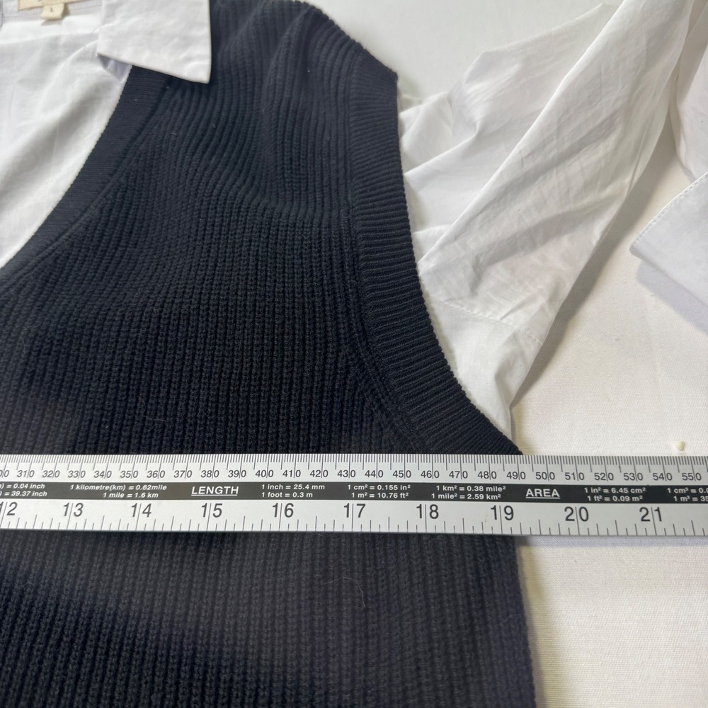 Elan Size L Black Ribbed Sweater Vest White Button Down Mixed Media Mini Dress - Picture 7 of 8